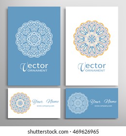 Mandala round ornaments, business cards set. Decorative design elements for logo, icon, label, invitation cards. Isolated floral patterns, stylized flower, star, snowflake. Tribal ethnic mandala decor