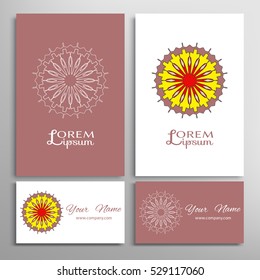 Mandala round ornaments, business cards set. Decorative design elements for logo, icon, label, invitation cards. Isolated floral patterns, stylized flower, star, snowflake. Tribal ethnic mandala decor