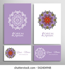 Mandala round ornaments, business cards set. Decorative design elements for logo, icon, label, invitation cards. Isolated floral patterns, stylized flower, star, snowflake. Tribal ethnic mandala decor