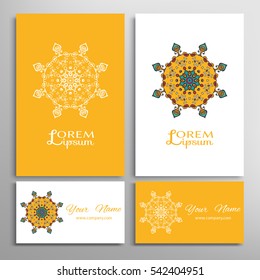 Mandala round ornaments, business cards set. Decorative design elements for logo, icon, label, invitation cards. Isolated floral patterns, stylized flower, star, snowflake. Tribal ethnic mandala decor