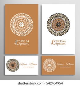 Mandala round ornaments, business cards set. Decorative design elements for logo, icon, label, invitation cards. Isolated floral patterns, stylized flower, star, snowflake. Tribal ethnic mandala decor