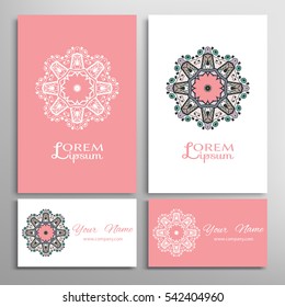 Mandala round ornaments, business cards set. Decorative design elements for logo, icon, label, invitation cards. Isolated floral patterns, stylized flower, star, snowflake. Tribal ethnic mandala decor