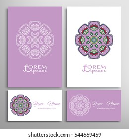 Mandala round ornaments, business cards set. Decorative design elements for logo, icon, label, invitation cards. Isolated floral patterns, stylized flower, star, snowflake. Tribal ethnic mandala decor