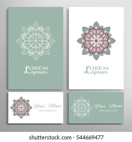 Mandala round ornaments, business cards set. Decorative design elements for logo, icon, label, invitation cards. Isolated floral patterns, stylized flower, star, snowflake. Tribal ethnic mandala decor