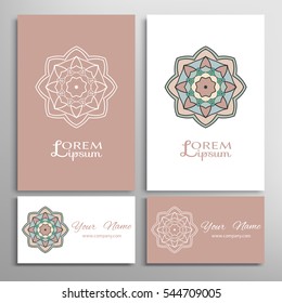 Mandala round ornaments, business cards set. Decorative design elements for logo, icon, label, invitation cards. Isolated floral patterns, stylized flower, star, snowflake. Tribal ethnic mandala decor