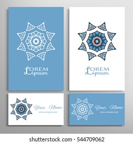 Mandala round ornaments, business cards set. Decorative design elements for logo, icon, label, invitation cards. Isolated floral patterns, stylized flower, star, snowflake. Tribal ethnic mandala decor