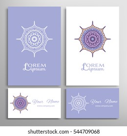 Mandala round ornaments, business cards set. Decorative design elements for logo, icon, label, invitation cards. Isolated floral patterns, stylized flower, star, snowflake. Tribal ethnic mandala decor