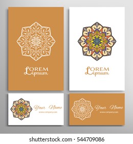Mandala round ornaments, business cards set. Decorative design elements for logo, icon, label, invitation cards. Isolated floral patterns, stylized flower, star, snowflake. Tribal ethnic mandala decor