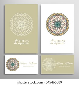 Mandala round ornaments, business cards set. Decorative design elements for logo, icon, label, invitation cards. Isolated floral patterns, stylized flower, star, snowflake. Tribal ethnic mandala decor