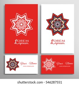 Mandala round ornaments, business cards set. Decorative design elements for logo, icon, label, invitation cards. Isolated floral patterns, stylized flower, star, snowflake. Tribal ethnic mandala decor