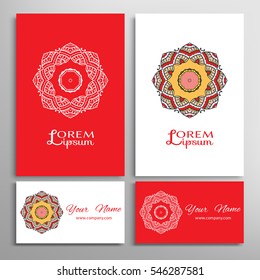 Mandala round ornaments, business cards set. Decorative design elements for logo, icon, label, invitation cards. Isolated floral patterns, stylized flower, star, snowflake. Tribal ethnic mandala decor