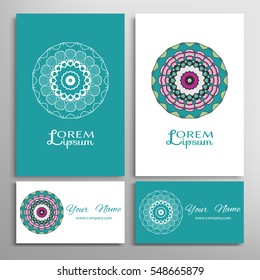 Mandala round ornaments, business cards set. Decorative artwork, design elements for logo, icon, label, emblem. Isolated floral patterns, stylized flower, star, snowflake. Tribal ethnic mandala decor