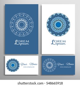 Mandala round ornaments, business cards set. Decorative artwork, design elements for logo, icon, label, emblem. Isolated floral patterns, stylized flower, star, snowflake. Tribal ethnic mandala decor