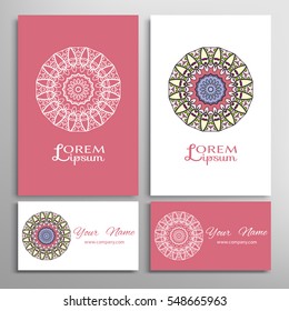 Mandala round ornaments, business cards set. Decorative artwork, design elements for logo, icon, label, emblem. Isolated floral patterns, stylized flower, star, snowflake. Tribal ethnic mandala decor