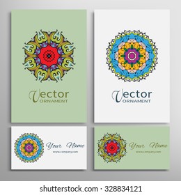 Mandala round ornaments collection, business cards set. Vector decorative elements for paper or fabric print. Logo, icon or invitation card design. Isolated tribal ethnic motif