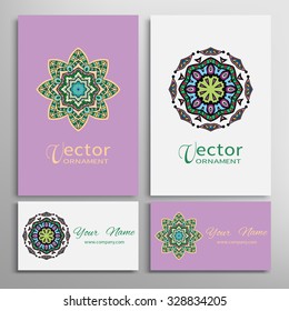 Mandala round ornaments collection, business cards set. Vector decorative elements for paper or fabric print. Logo, icon or invitation card design. Isolated tribal ethnic motif