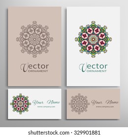 Mandala round ornaments collection, business cards set. Vector decorative elements for paper or fabric print. Logo, icon or invitation card design. Isolated tribal ethnic motif