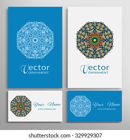 Mandala round ornaments collection, business cards set. Vector decorative elements for paper or fabric print. Logo, icon or invitation card design. Isolated tribal ethnic motif