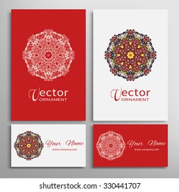 Mandala round ornaments collection, business cards set. Vector decorative elements for paper or fabric print. Logo, icon or invitation card design. Isolated tribal ethnic motif