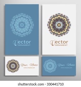 Mandala round ornaments collection, business cards set. Vector decorative elements for paper or fabric print. Logo, icon or invitation card design. Isolated tribal ethnic motif