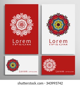 Mandala round ornaments collection, business cards set. Vector decorative elements for paper or fabric print. Logo, icon or invitation card design. Isolated tribal ethnic motif