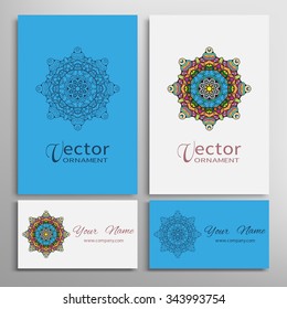 Mandala round ornaments collection, business cards set. Vector decorative elements for paper or fabric print. Logo, icon or invitation card design. Isolated tribal ethnic motif