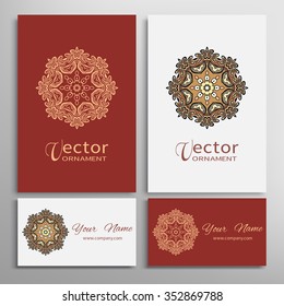 Mandala round ornaments collection, business cards set. Vector decorative elements for paper or fabric print. Logo, icon or invitation card design. Isolated tribal ethnic motif