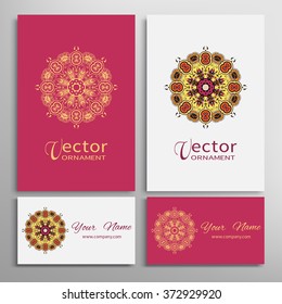 Mandala round ornaments collection, business cards set. Vector decorative elements for paper or fabric print. Logo, icon or invitation card design. Isolated tribal ethnic motif