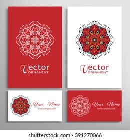 Mandala round ornaments collection, business cards set. Vector decorative elements for paper or fabric print. Logo, icon or invitation card design. Isolated tribal ethnic motif