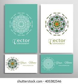 Mandala round ornaments collection, business cards set. Vector decorative elements for paper or fabric print. Logo, icon or invitation card design. Isolated tribal ethnic motif