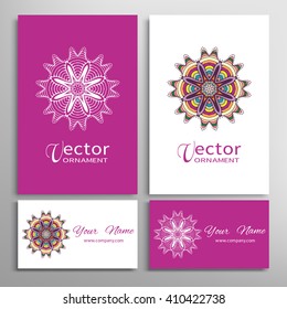 Mandala round ornaments collection, business cards set. Vector decorative elements for paper or fabric print. Logo, icon or invitation card design. Isolated tribal ethnic motif