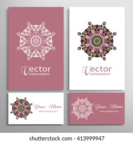 Mandala round ornaments collection, business cards set. Vector decorative elements for paper or fabric print. Logo, icon or invitation card design. Isolated tribal ethnic motif