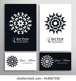 Mandala round ornaments collection, business cards set. Vector decorative elements for paper or fabric print. Logo, icon or invitation card design. Isolated tribal ethnic motif. Black and white