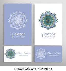 Mandala round ornaments collection, business cards set. Vector decorative design elements for logo, icon, label or invitation cards. Isolated floral mandala pattern, tribal ethnic decoration