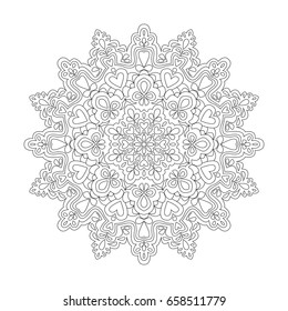 Mandala. Round Ornate. Hand drawn Coloring Book Page for adult colorists and older children.  Black and White Pattern.  Vector Illustration. Ornamental Lacy Background
