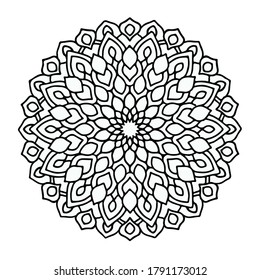 Patrón redondeado de Mandala página de color blanco negro, portada de libros, ropa.