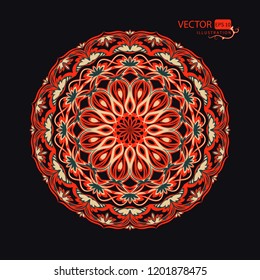 Mandala. Round pattern on black background. Arabic style. Decorative element. Vector illustration.