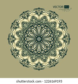 Mandala. Round pattern on dark yellow background. Arabic style. Arabesque. Decorative element. Vector illustration.