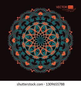 Mandala. Round pattern on dark background. Arabic style. Decor element for the designer. Vector illustration.