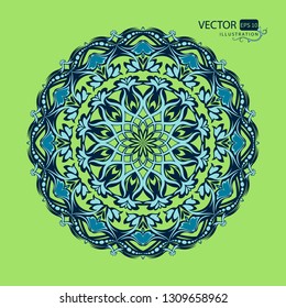 Mandala. Round pattern on green background. Arabic style. Arabesque. Decor element for the designer. Vector illustration.