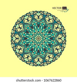 Mandala. Round pattern on light yellow background. Indian style. Decorative element.