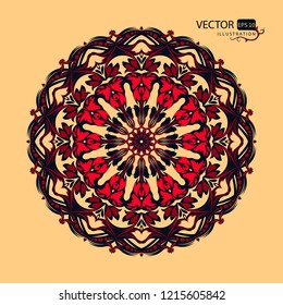 Mandala. Round pattern on yellow background. Arabic style. Decorative element. Vector illustration.