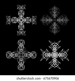 Mandala round sacred geometry. Alchemy religion, philosophy spirituality symbols and elements. Linear style geometry mandalas. Vector.