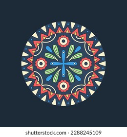 Mandala. Round symmetrical illustration with a decorative ornament of abstract flowers, plants and geometric elements in the form of triangles. Mexican folk style. Blue, red, green colors. Vector