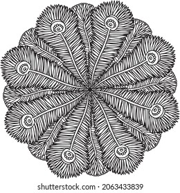 Mandala round triangle feather peacock gorgeous swirling curl ethnic pattern coloring page book black and white art therapy relax psychology crystal