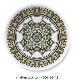 Mandala, round tribal ethnic ornament on the plate, islamic arabic indian pattern. Decorative vector background