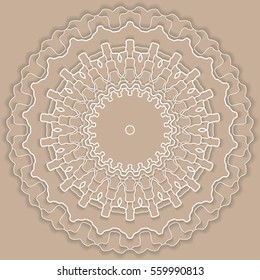 Mandala, round vector decorative ornament, stylized floral white lace pattern with shadow, isolated design element, Tribal ethnic background, arabic, indian, turkish motif