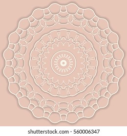 Mandala, round vector decorative ornament, stylized floral white lace pattern with shadow, isolated design element, Tribal ethnic background, arabic, indian, turkish motif