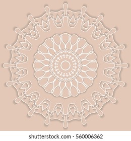 Mandala, round vector decorative ornament, stylized floral white lace pattern with shadow, isolated design element, Tribal ethnic background, arabic, indian, turkish motif