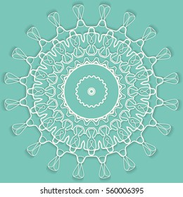Mandala, round vector decorative ornament, stylized floral white lace pattern with shadow, isolated design element, Tribal ethnic background, arabic, indian, turkish motif